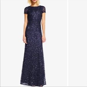 Adrianna Papell Navy Scoop Back Sequin Long Gown Med/8